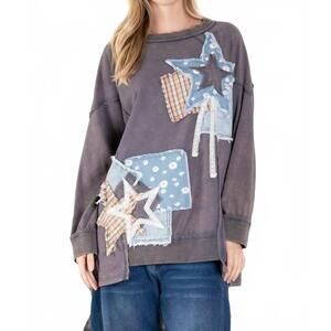 NEW BLUE VELVET star patchwork long sleeve top in grey